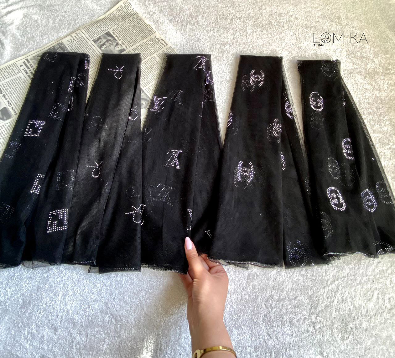 شال توری نگینی دورلمه بسته5طرحی sm73 (عمده)