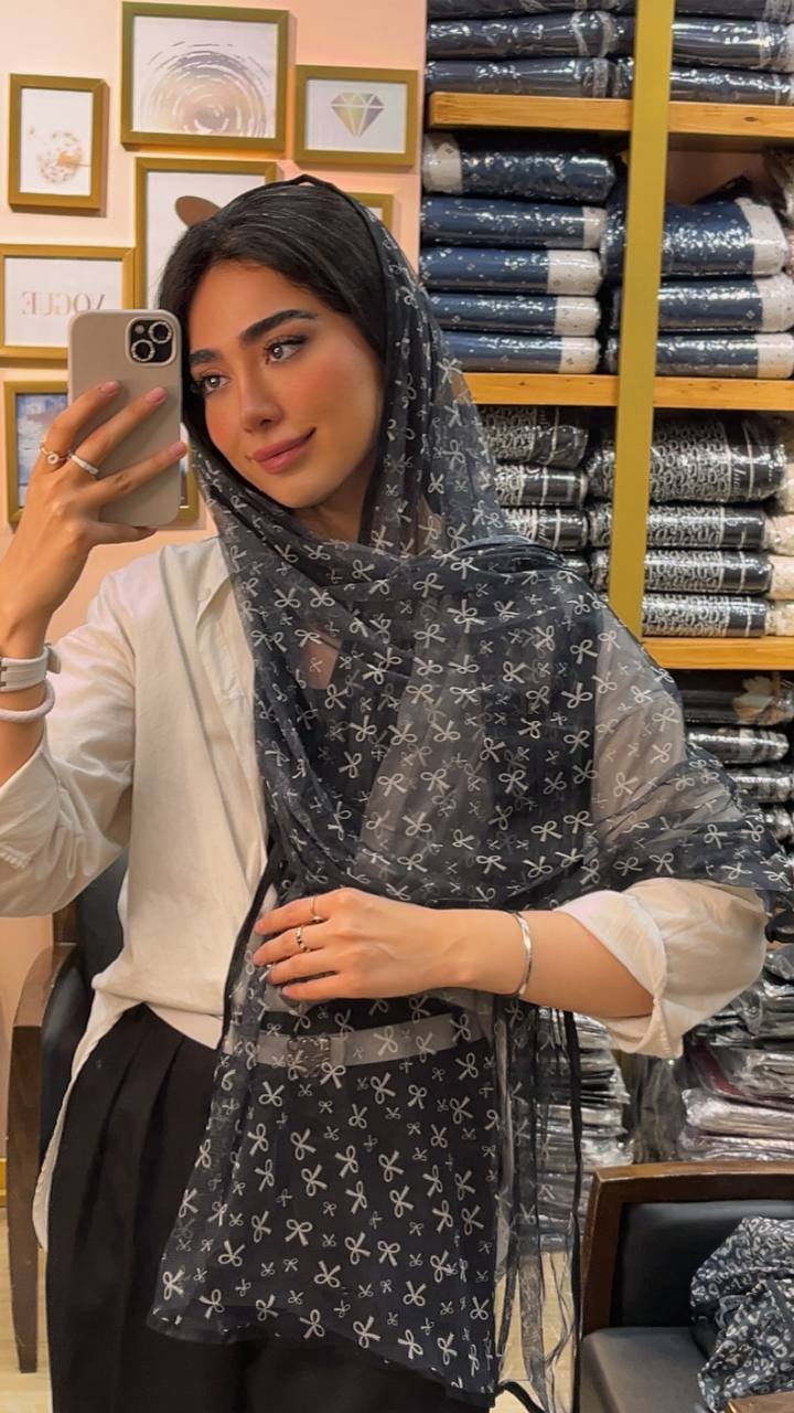 شال توری چاپی پک مشکی بسته6طرحی کد sh77 (عمده)