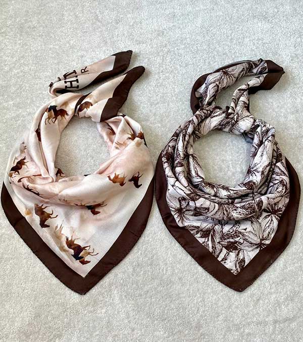 🤎خرید مینی اسکارف پک قهوه‌ای طرح‌دار بسته ۱۰ عددی | فروش عمده مینی اسکارف باکیفیت
