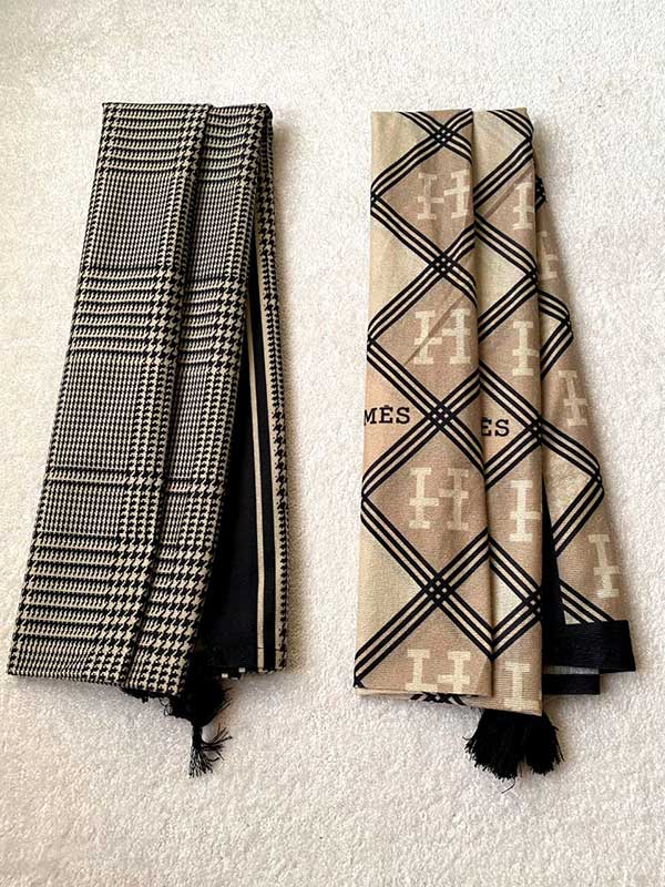 خرید شال جیر پک مشکی کرم طرح‌دار بسته ۱۰ عددی | فروش عمده شال با کیفیت بالا
