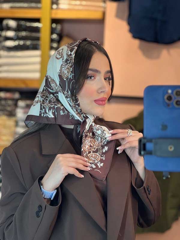 مینی اسکارف ابریشم توییل پک قهوه ای بسته6طرحی کد mt103 (عمده)
